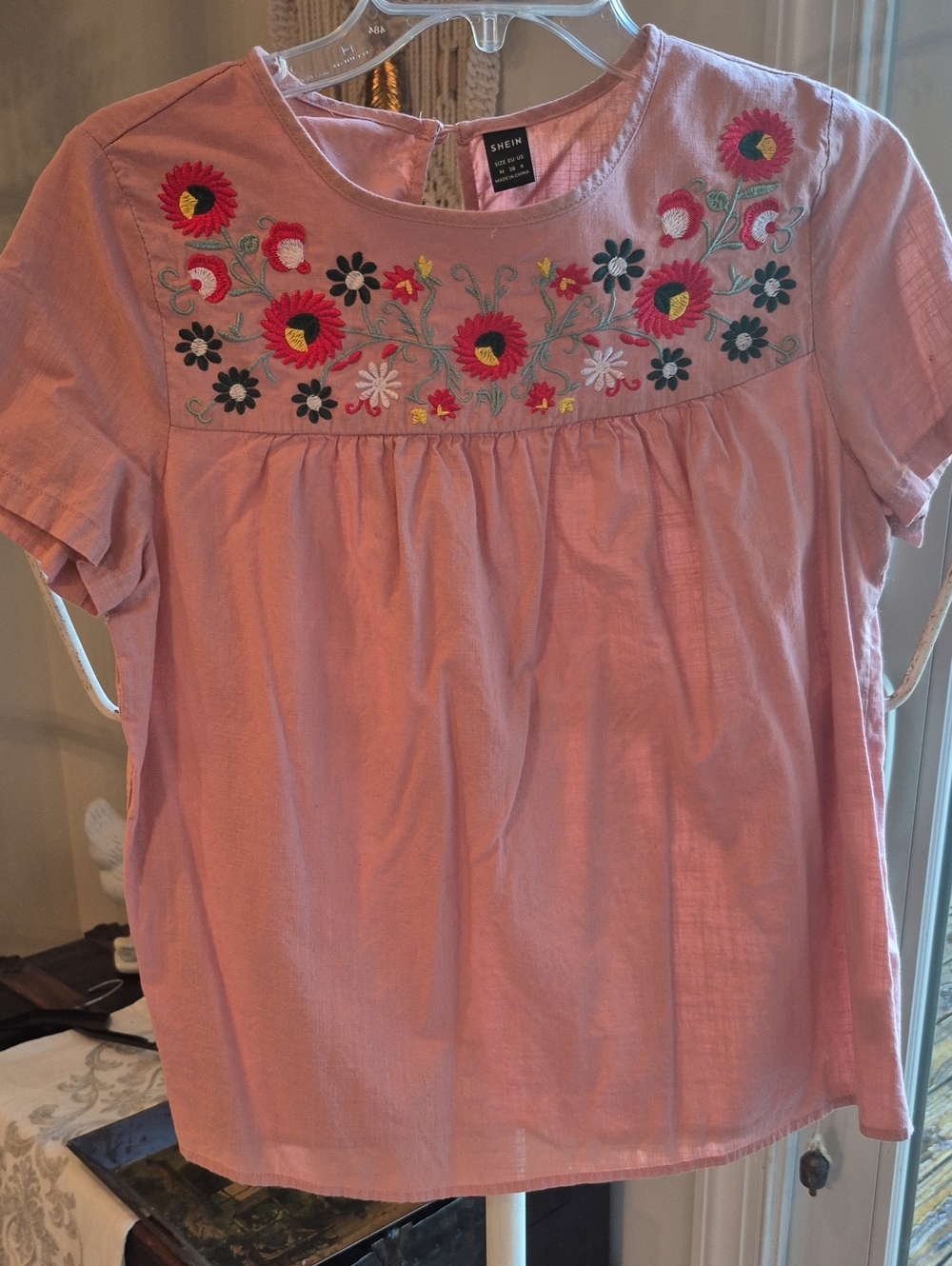 SHEIN Pink Embroidered Floral Short Sleeve Top